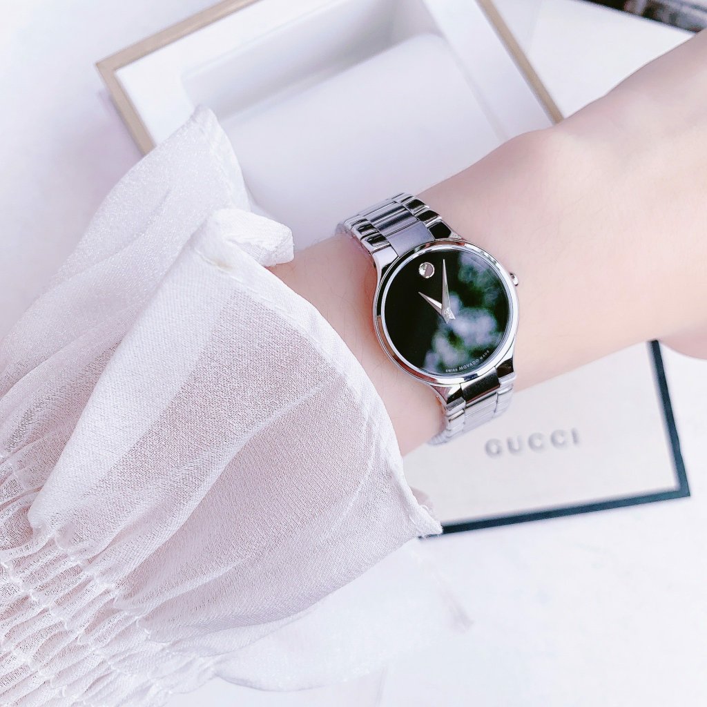 Ladies Movado Black Dial Womens Silver Queen Watch